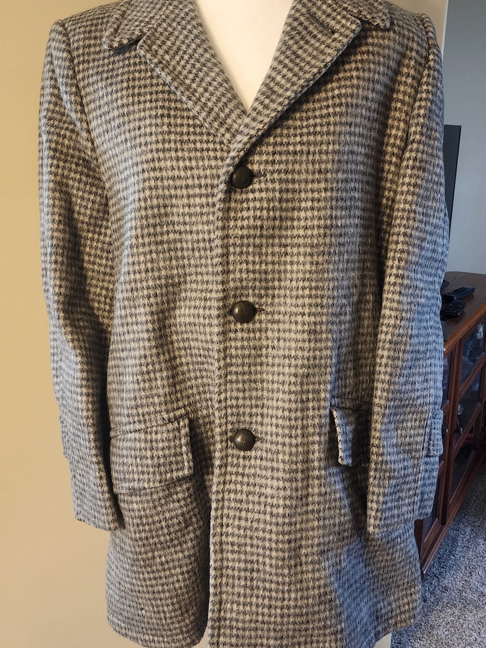 Vintage Men's Gray Houndstooth Pea Coat - Tailored Wool Blend
